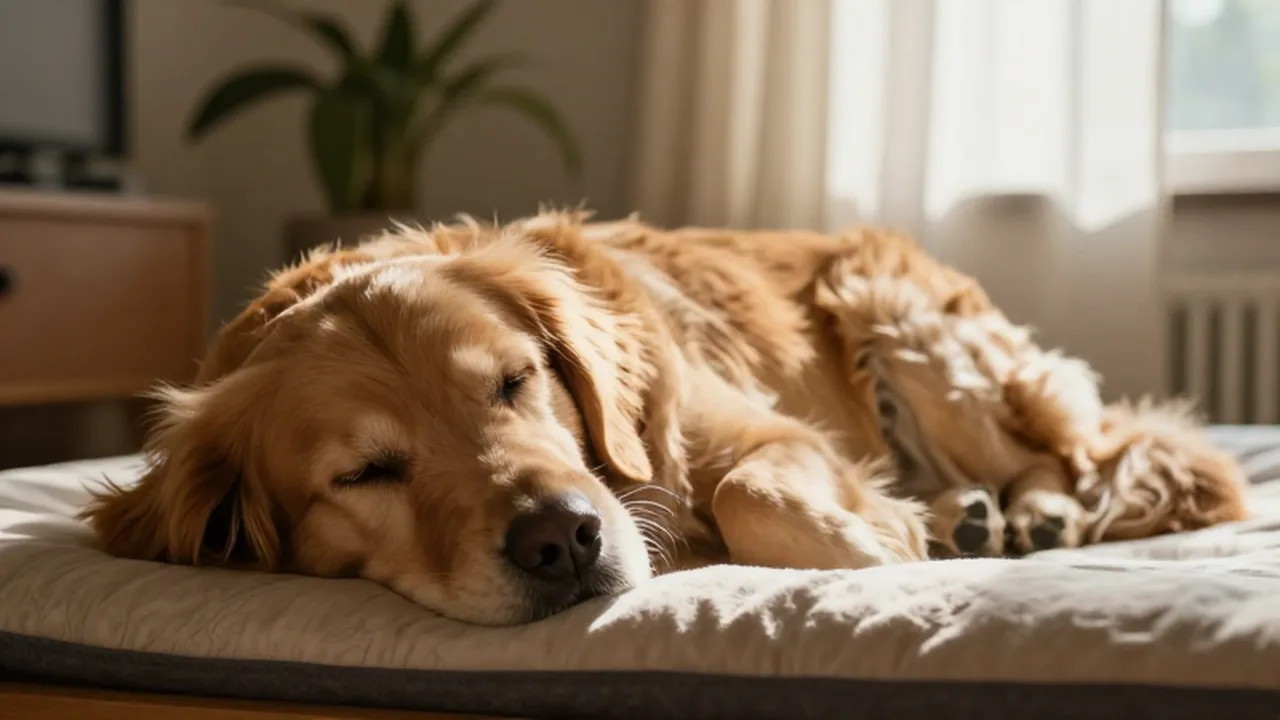 Un golden retriever duerme plácidamente sobre una cama ortopédica en una sala iluminada por el sol.