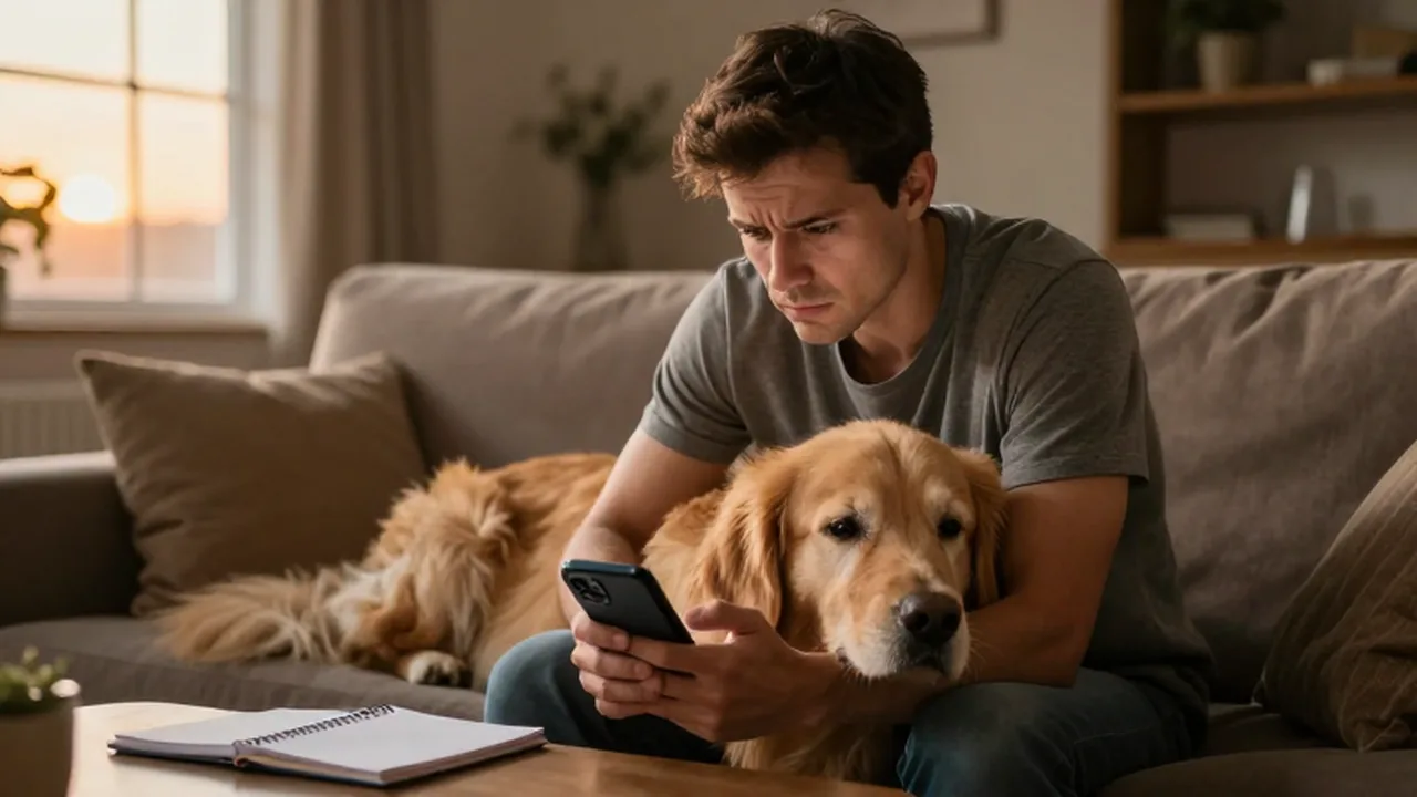 Dueño preocupado con su golden retriever en un sofá mientras observa su teléfono móvil.