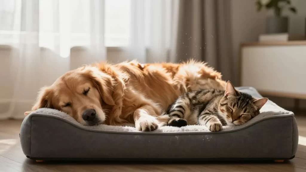 Un perro golden retriever y un gato atigrado duermen juntos en una cama acolchada bajo la luz del sol.
