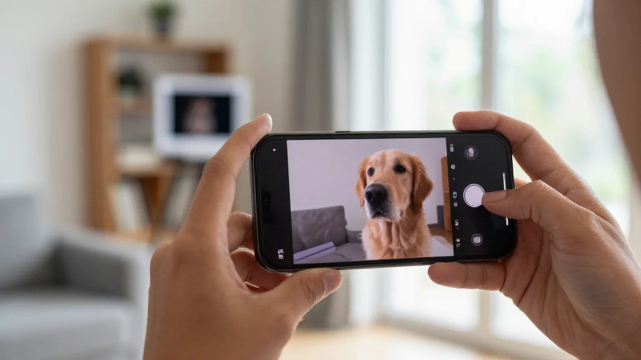 Persona sosteniendo un smartphone que muestra la transmisión de una cámara para ver a su perro golden retriever.