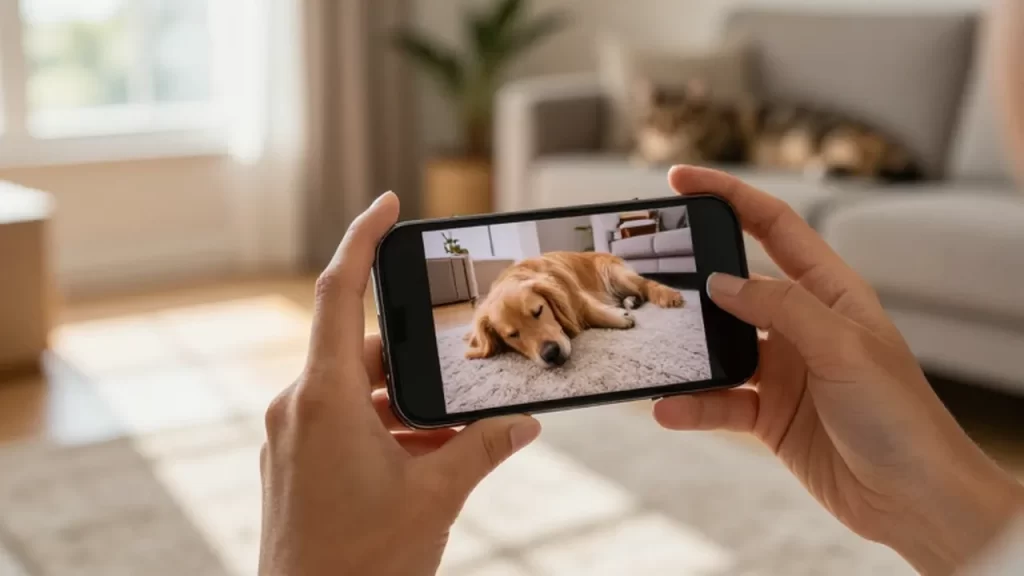 Manos sosteniendo un smartphone que muestra un video de un golden retriever durmiendo en casa.