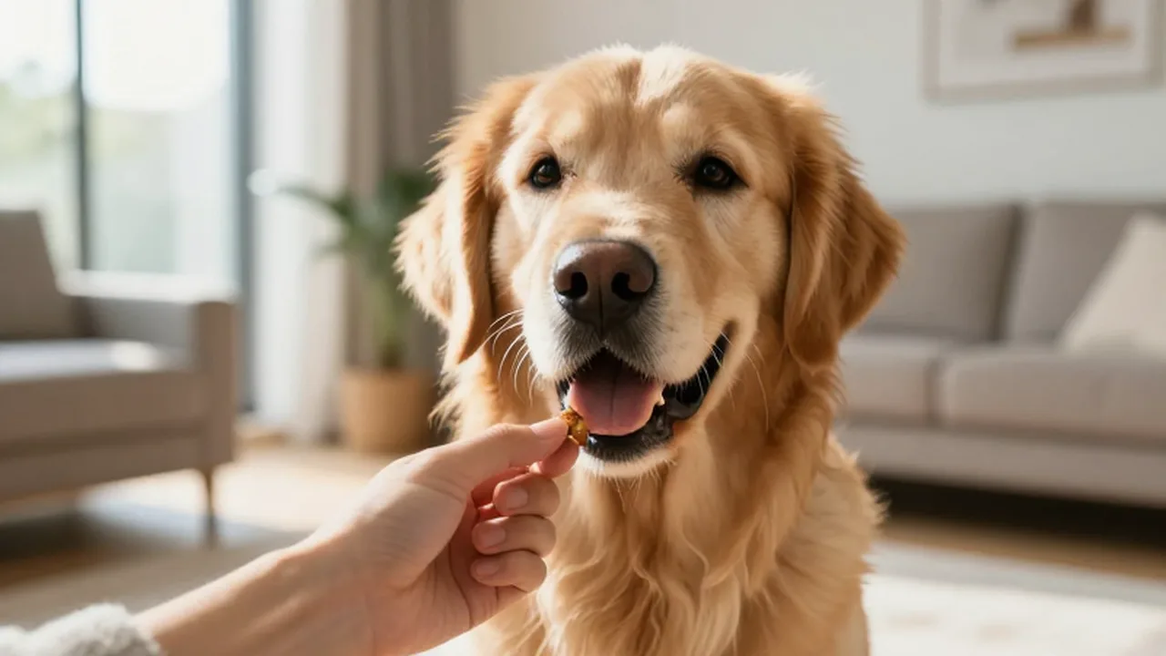 Golden Retriever atento mirando con ilusión un pequeño premio que sostiene una mano.
