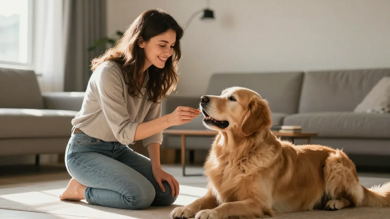 Mujer sonriente arrodillada en una sala ofreciendo un premio a su perro Golden Retriever.