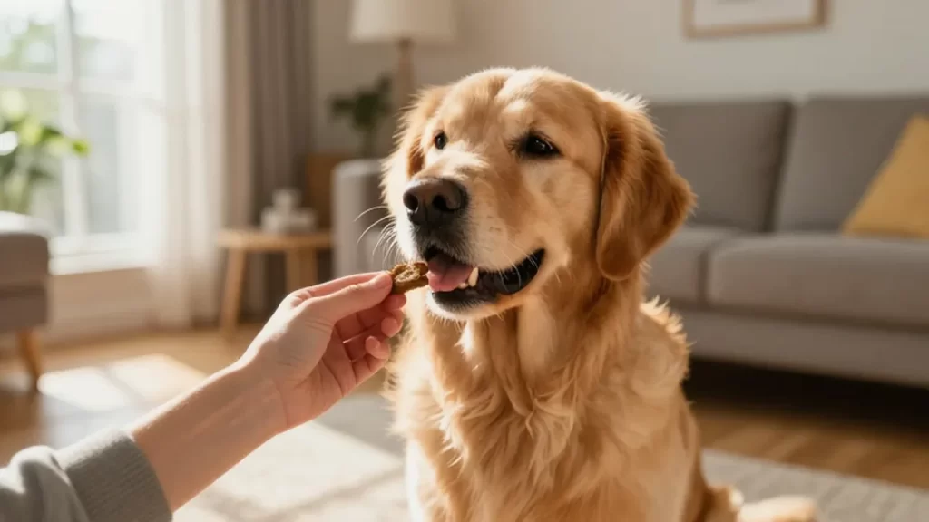 Golden Retriever sentado sobre una alfombra mientras una persona le ofrece un premio.