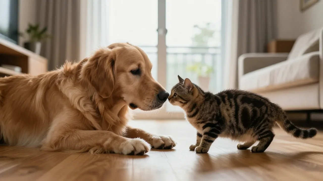 Un golden retriever y un gato pequeño se acercan con curiosidad en una sala iluminada por el sol.