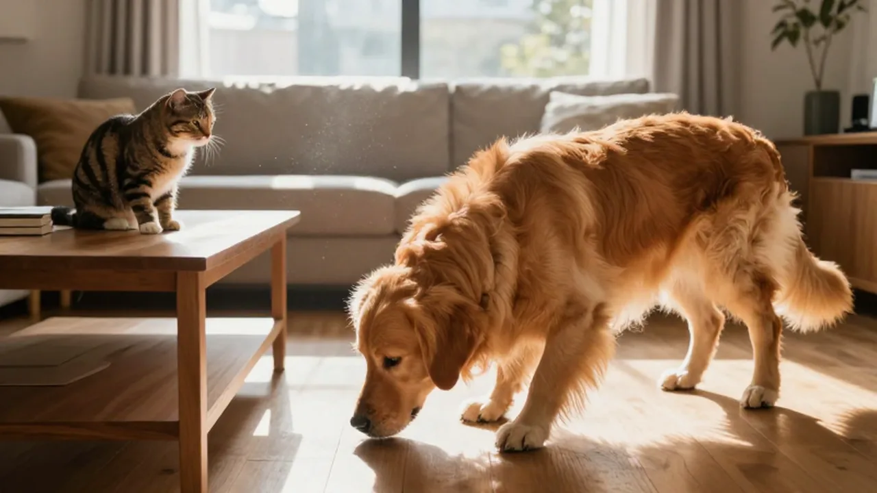 Un golden retriever olfatea el suelo mientras un gato atigrado lo observa tras un sofá.