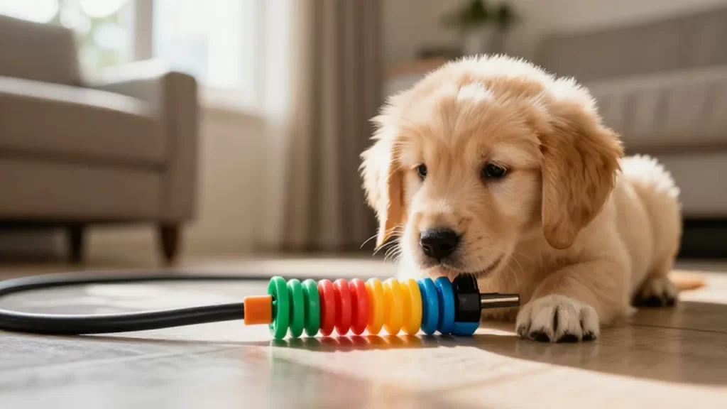 Cachorro de golden retriever investigando un cable eléctrico protegido con un organizador de plástico colorido.