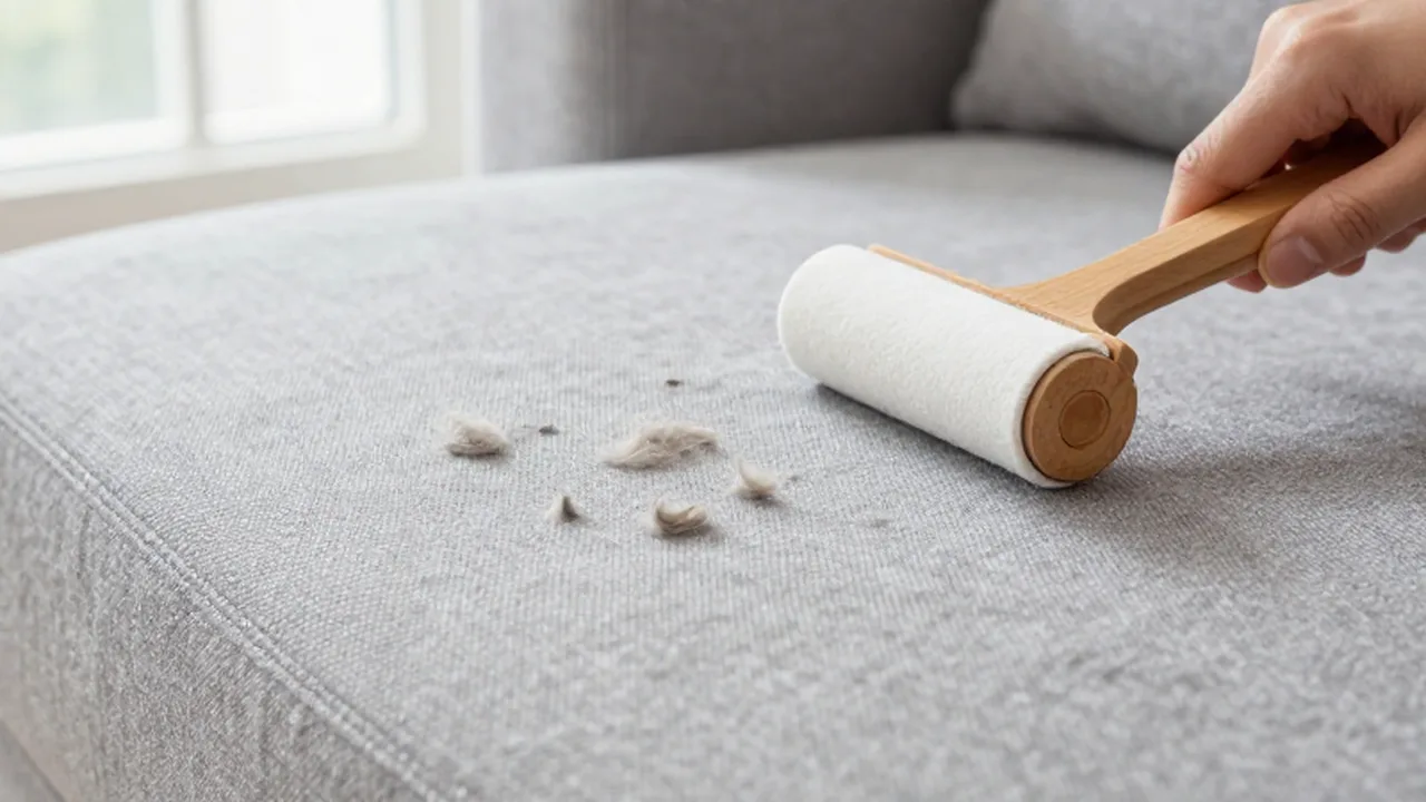 Una mano pasa un rodillo de madera para limpiar pelos de mascota de un sofá gris.