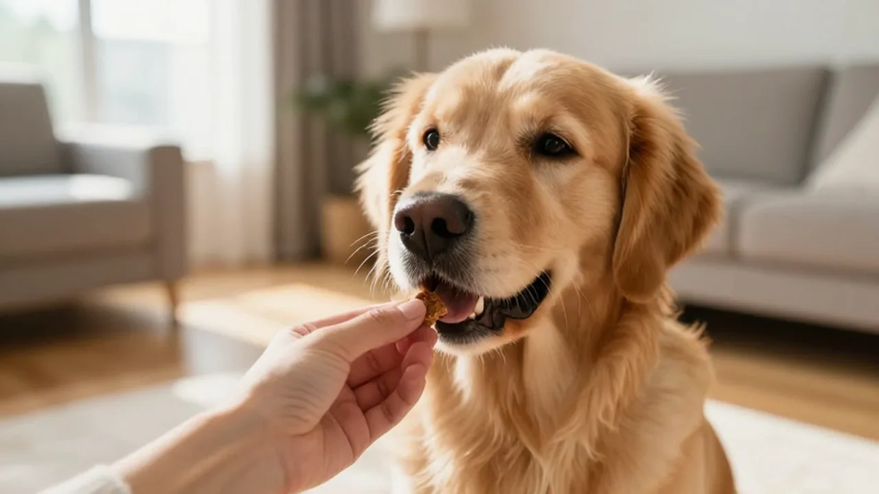 Un golden retriever sentado en una sala luminosa recibe un premio de la mano de una persona.