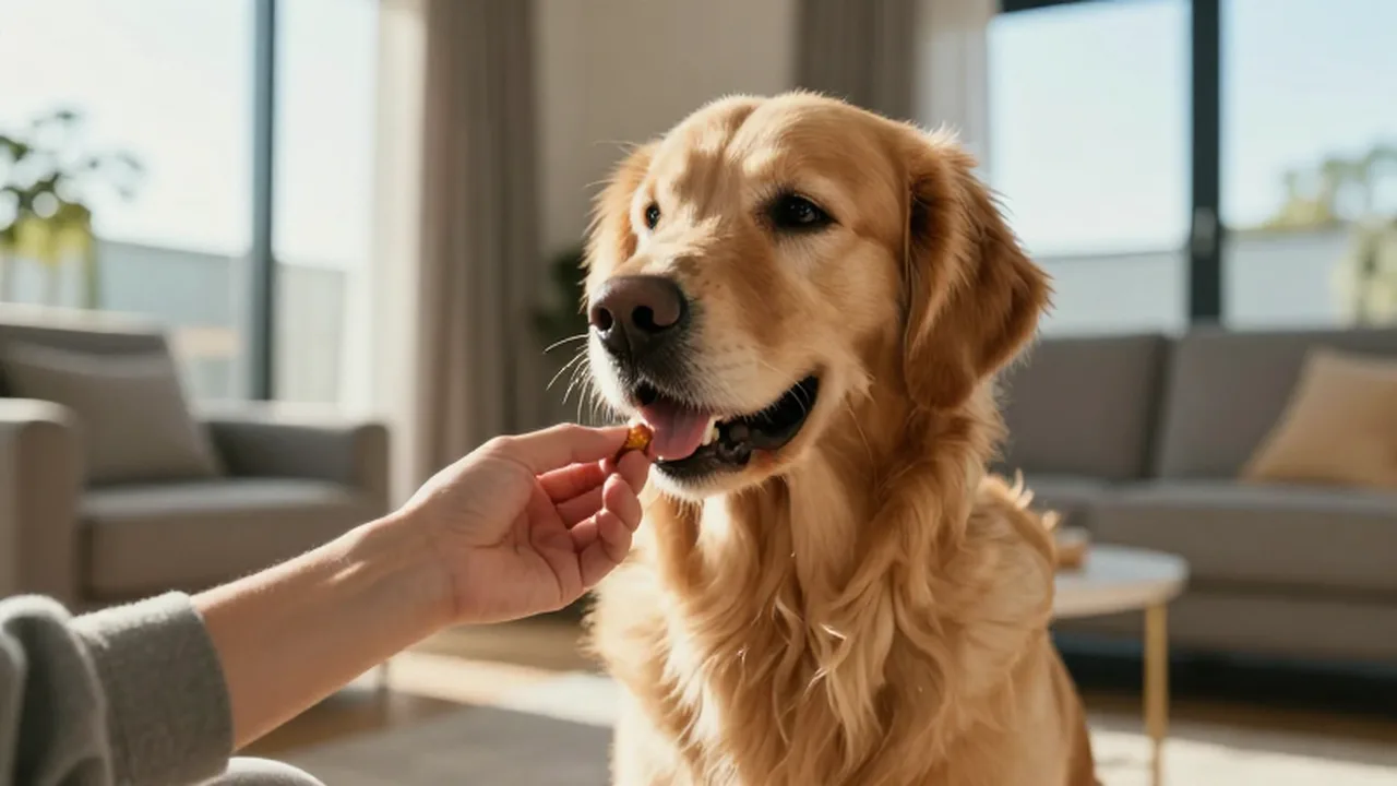 Un golden retriever sentado espera con atención mientras una mano le ofrece un premio.