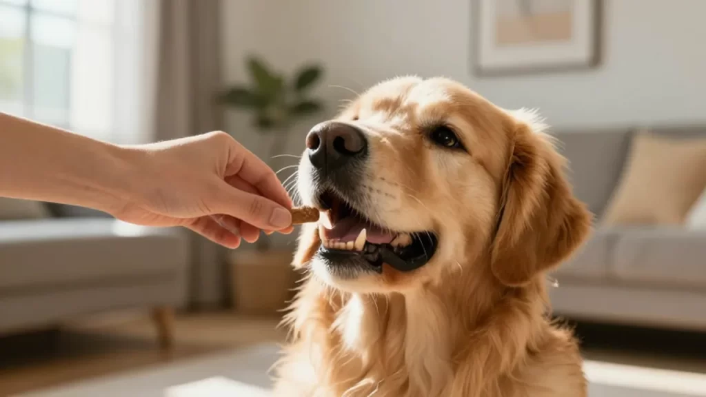 Golden retriever sonriente recibiendo un premio de la mano de una persona en una sala iluminada.