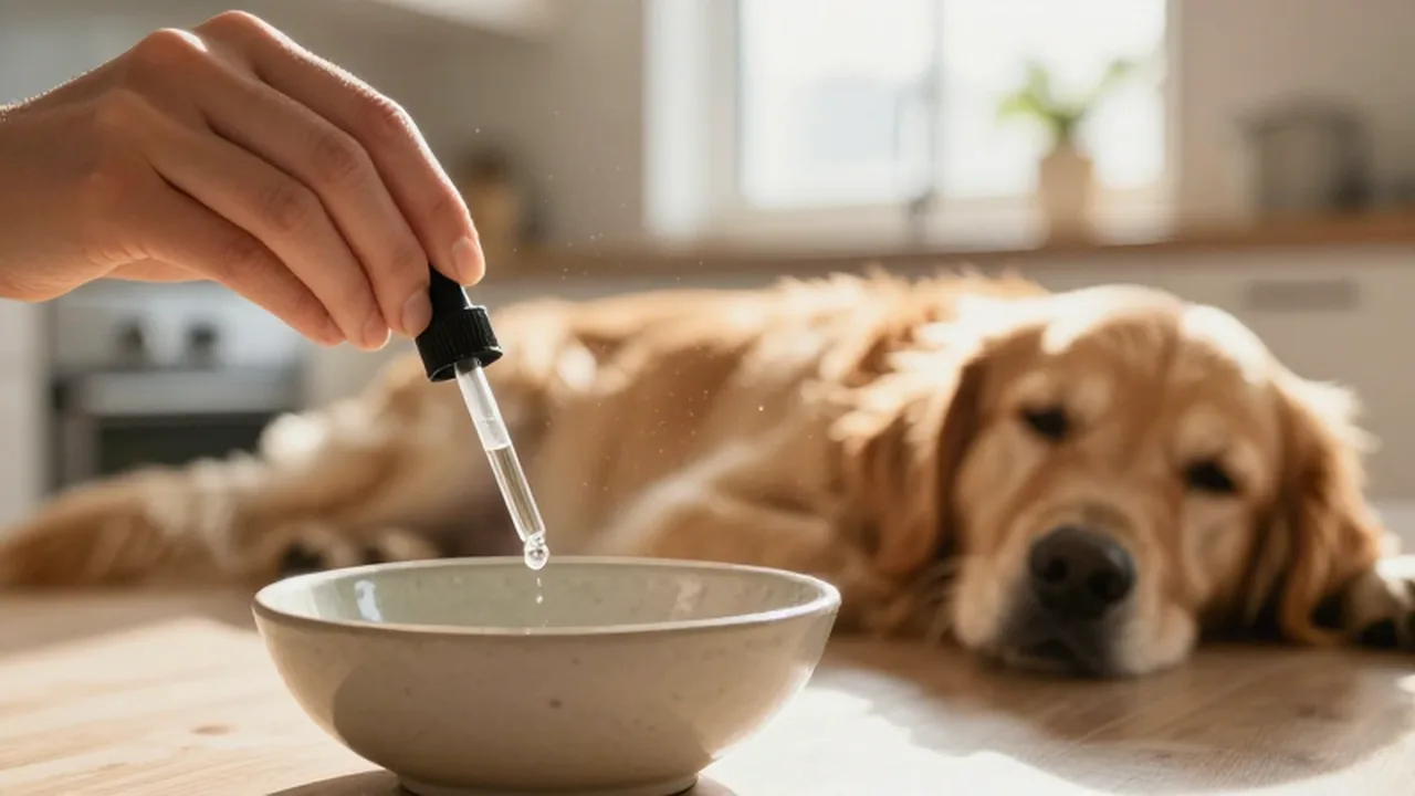 Persona dosificando un suplemento líquido en un cuenco con un perro golden retriever descansando al fondo.