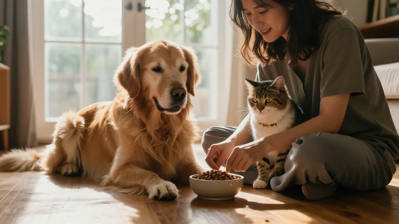 Una persona sirve alimento en un cuenco mientras acompaña a un perro golden retriever y un gato.