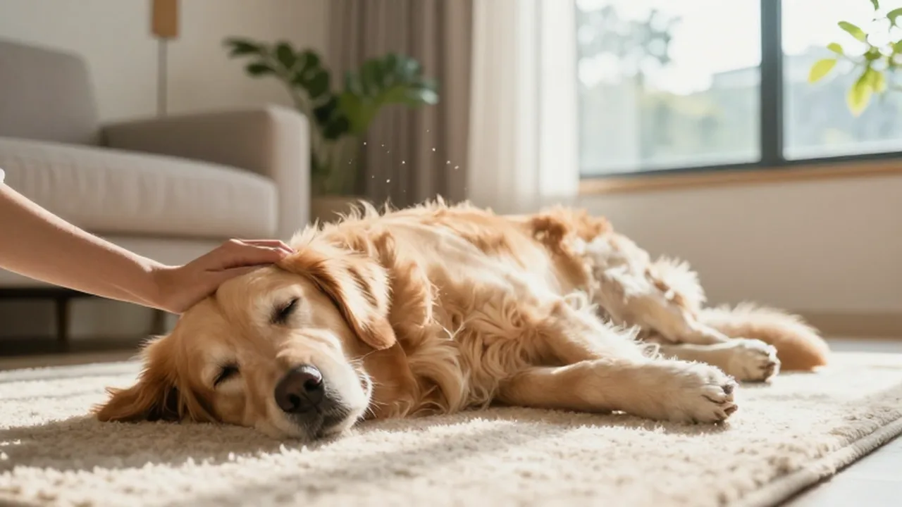 Un Golden Retriever descansa sobre una alfombra mientras una mano le acaricia la cabeza en un salón iluminado.