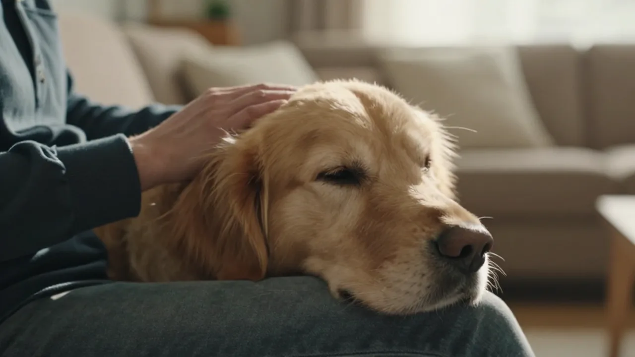 Un golden retriever descansa la cabeza en la rodilla de una persona mientras le acarician las orejas.