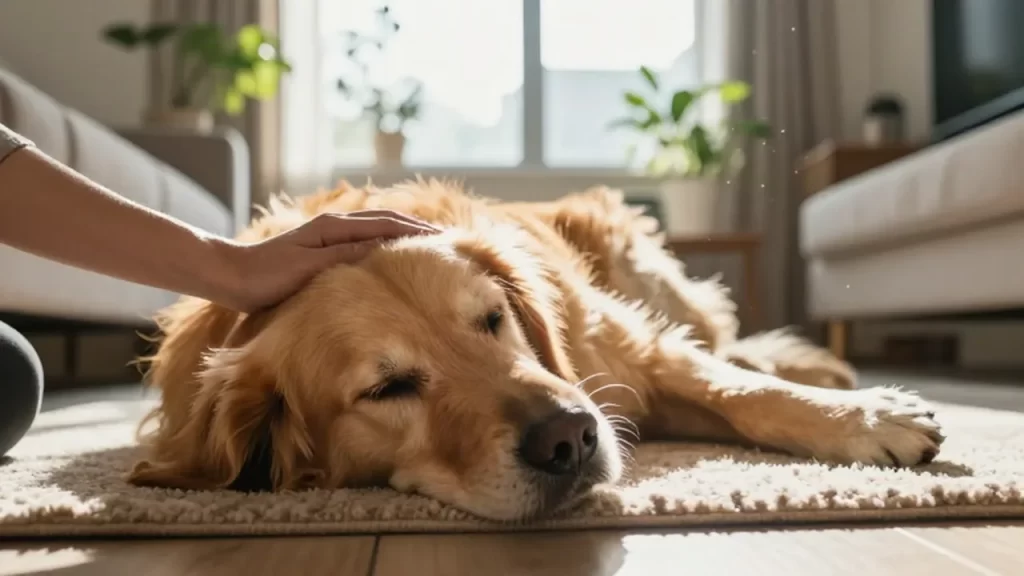 Un golden retriever descansa tranquilo en una alfombra mientras una mano acaricia suavemente su cabeza.