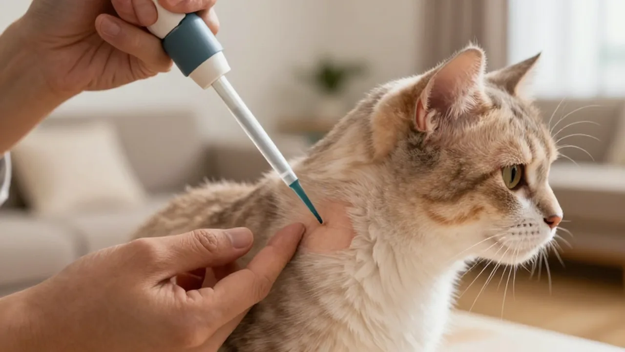 Manos aplicando un producto medicinal con una pipeta en la piel de un gato.