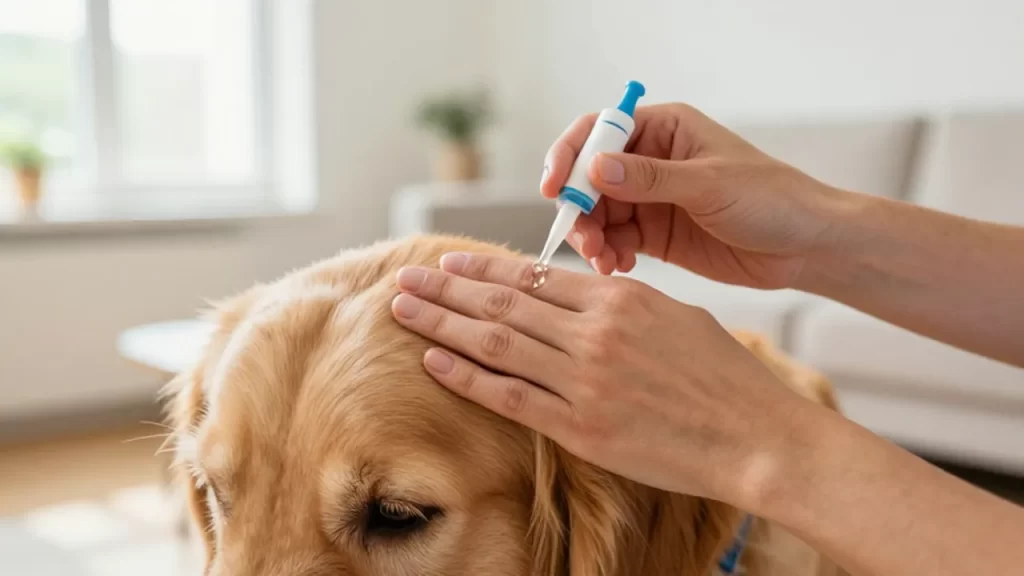 Manos aplicandole una gota de medicamento en el cuello a un perro golden retriever.