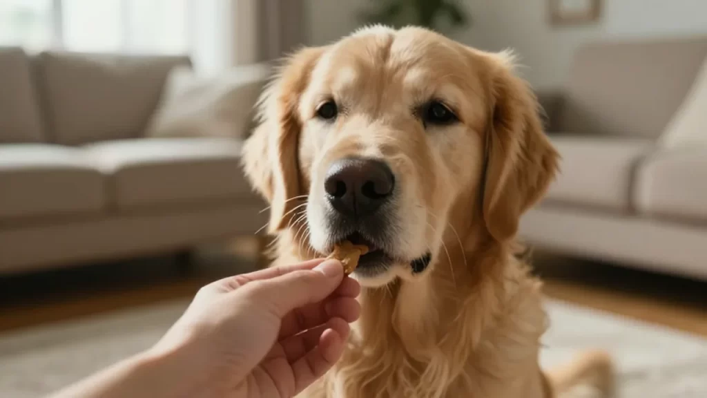 Golden Retriever sentado tranquilamente esperando recibir una pequeña golosina de la mano de una persona.