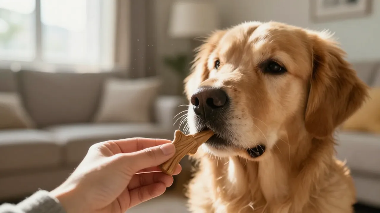 Mano ofreciendo un premio de madera a un Golden Retriever atento en una sala iluminada.