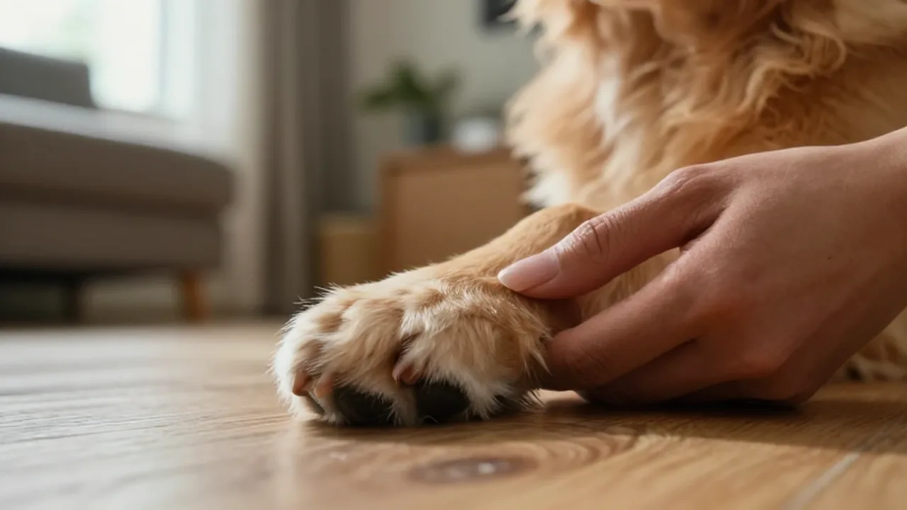 Manos sosteniendo la pata de un golden retriever para mostrar la longitud de sus uñas sobre madera.