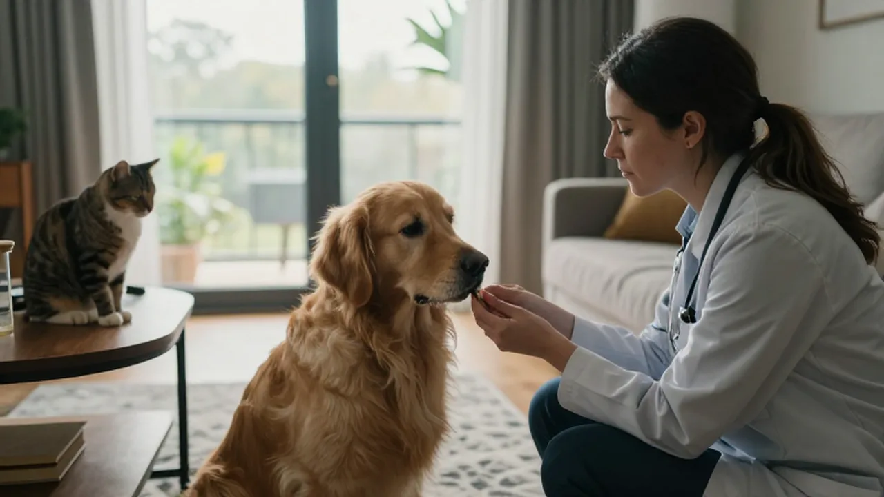 Una especialista interactúa con calma con un Golden Retriever en una luminosa sala de estar.