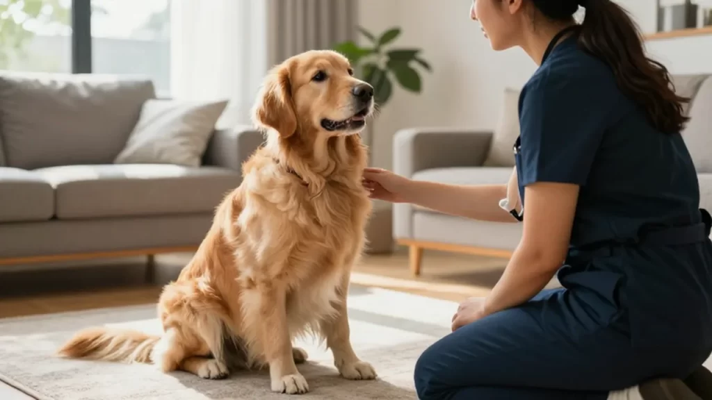 Una experta en comportamiento animal observa con atención a un golden retriever en una sala luminosa.