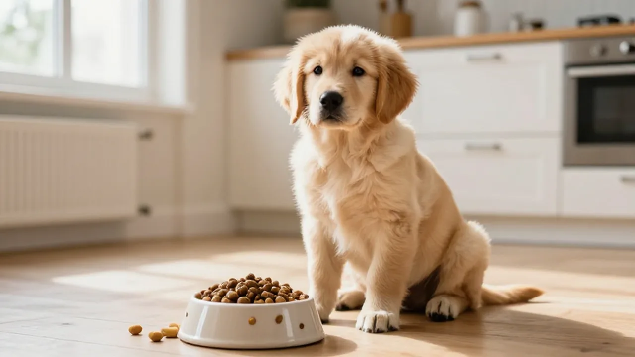 Cachorro de golden retriever sentado frente a su cuenco de comida en una cocina luminosa.