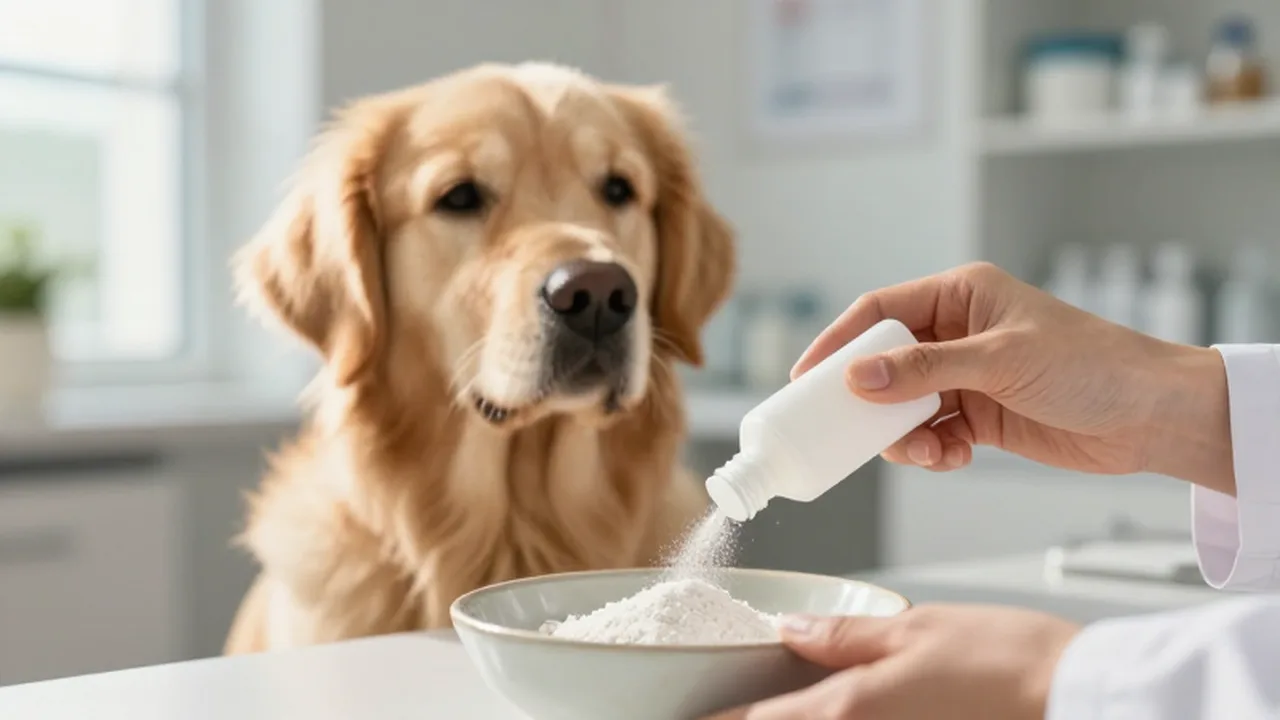Manos de un veterinario dosificando suplemento de calcio en un cuenco para un perro Golden Retriever.