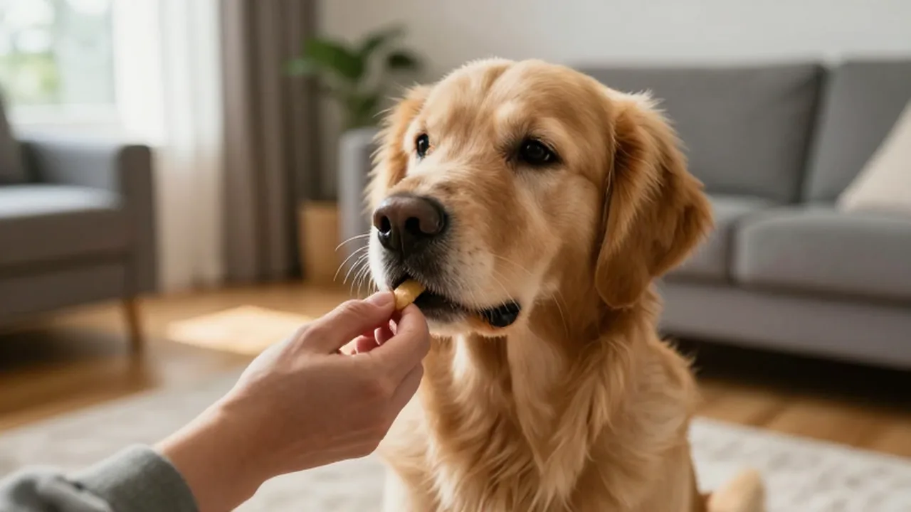 Golden retriever atento esperando un premio de la mano de su entrenador en una sala acogedora.