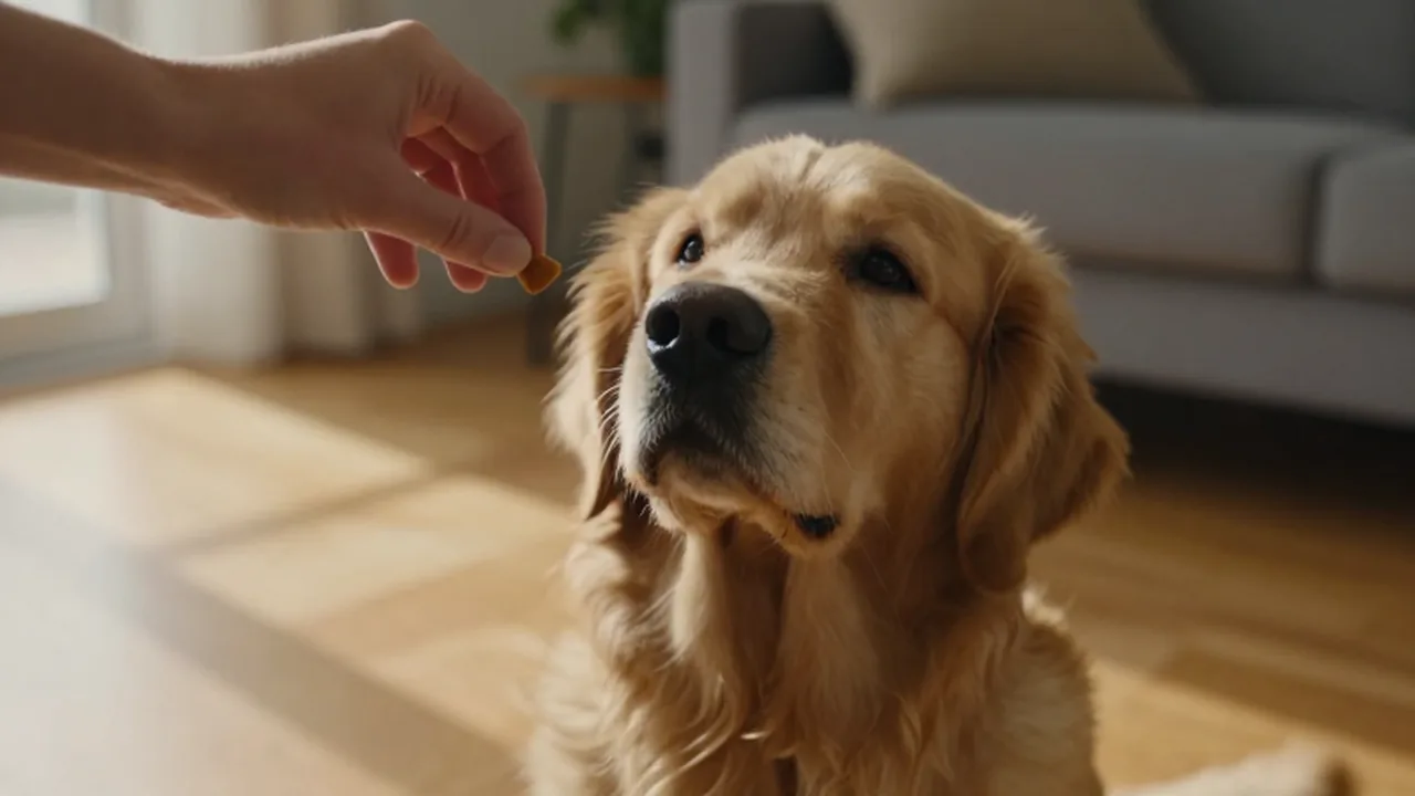 Golden retriever sentado en un suelo de madera mirando con atención un premio en una mano humana.