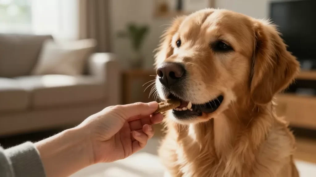 Una persona ofrece un premio orgánico a un golden retriever atento en una sala iluminada.