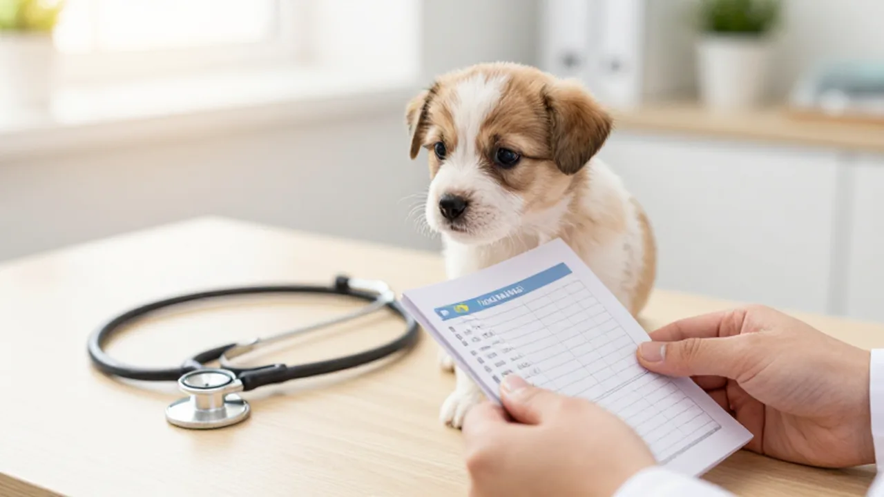 Mano de veterinario sosteniendo un carné de vacunación junto a un cachorro sobre una mesa de clínica.
