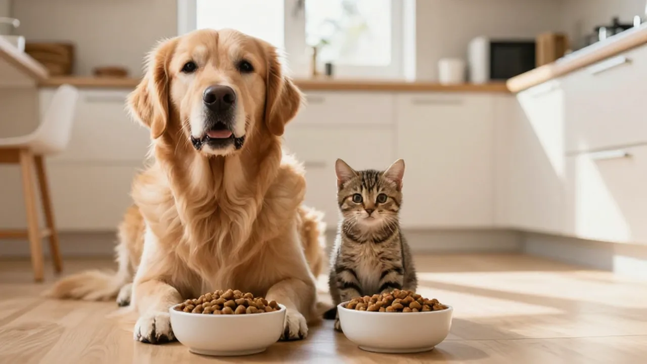 Un Golden Retriever y un gatito atigrado sentados junto a sus cuencos de comida en una cocina luminosa.