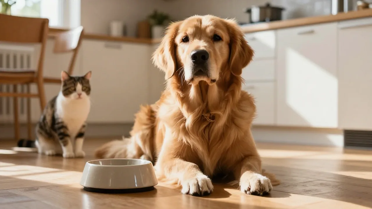 Golden retriever sentado junto a su cuenco de comida mientras un gato lo observa desde una silla.