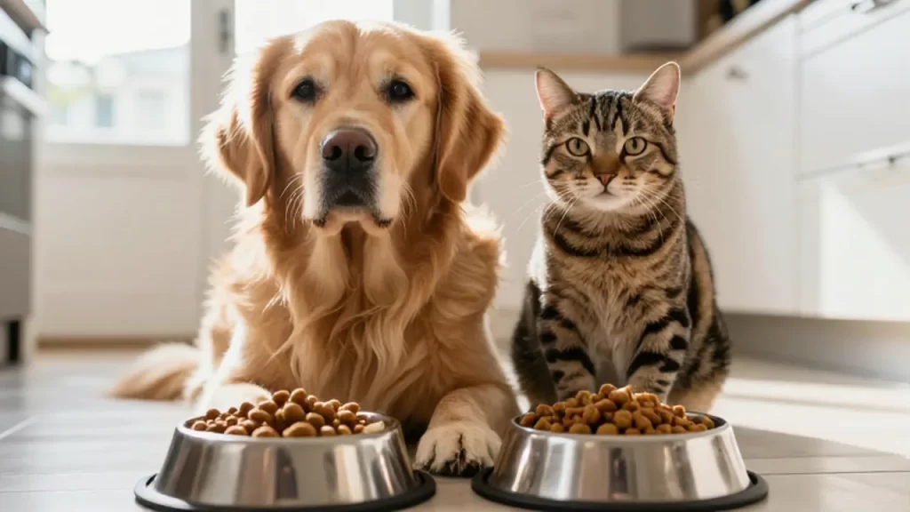Golden retriever y gato atigrado sentados junto a sus cuencos de comida en una cocina luminosa.