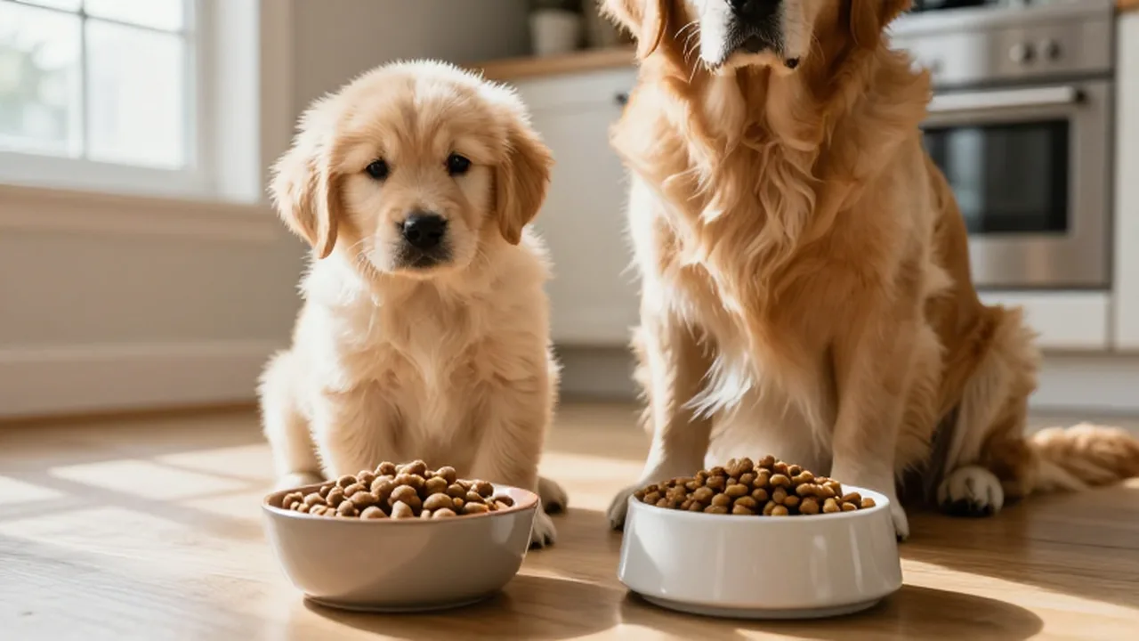 Cachorro y perro adulto de Golden Retriever sentados junto a sus cuencos de comida en la cocina.