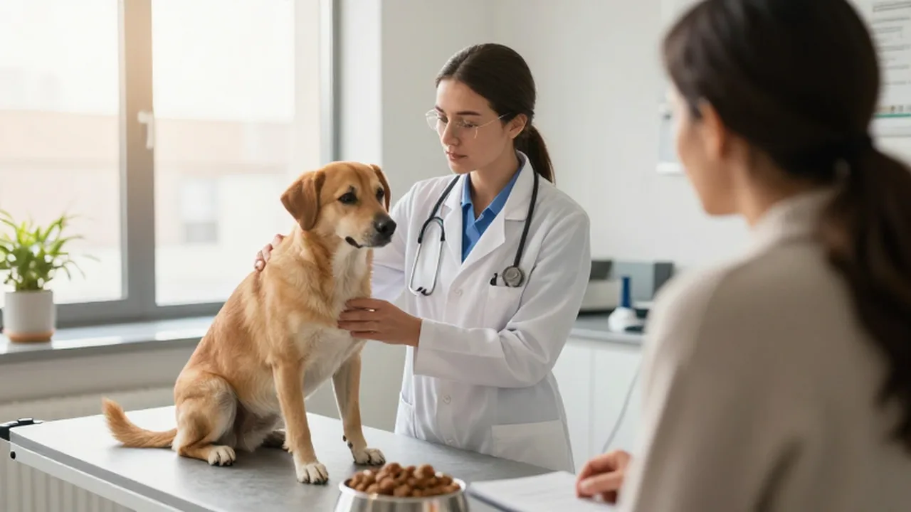 Veterinaria conversando empáticamente con una dueña de perro en una clínica moderna y luminosa.