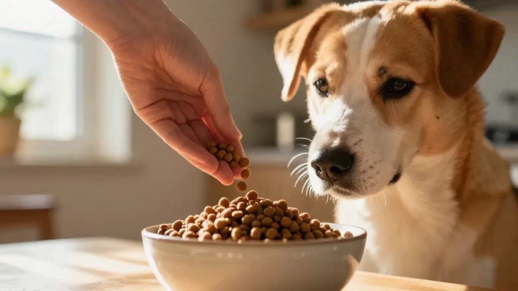 Perro doméstico curioso observando cómo una mano sirve pienso nutritivo en un cuenco cerámico.