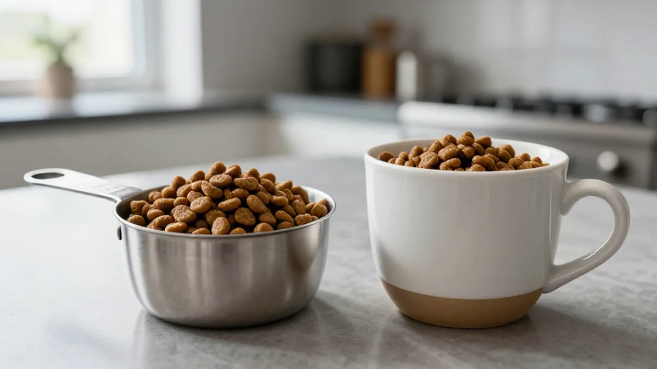 Medidor de acero inoxidable exacto junto a una taza de cerámica con croquetas para mascotas.