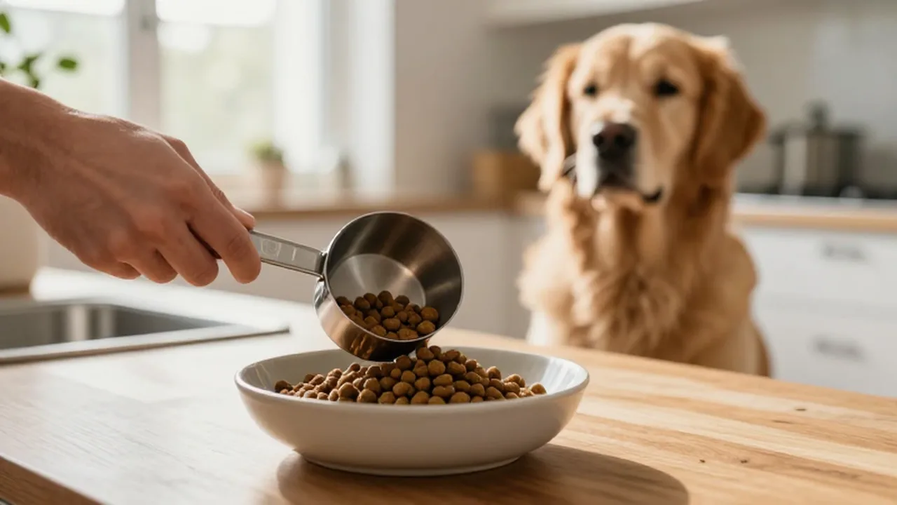 Manos vertiendo croquetas de calidad en un cuenco cerámico con un golden retriever al fondo.