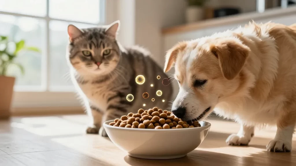 Perro y gato compartiendo un cuenco de comida nutritiva en una cocina iluminada por el sol.