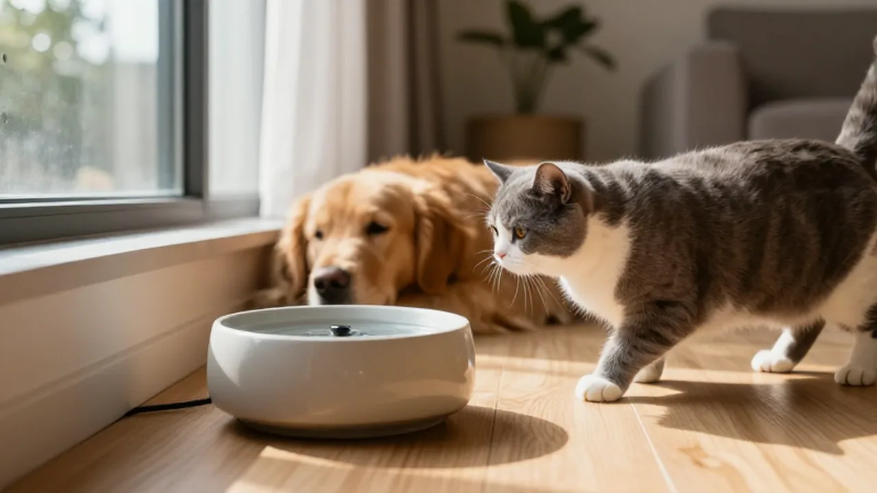 Un gato se acerca a un cuenco de agua en una sala luminosa con un perro descansando al fondo.