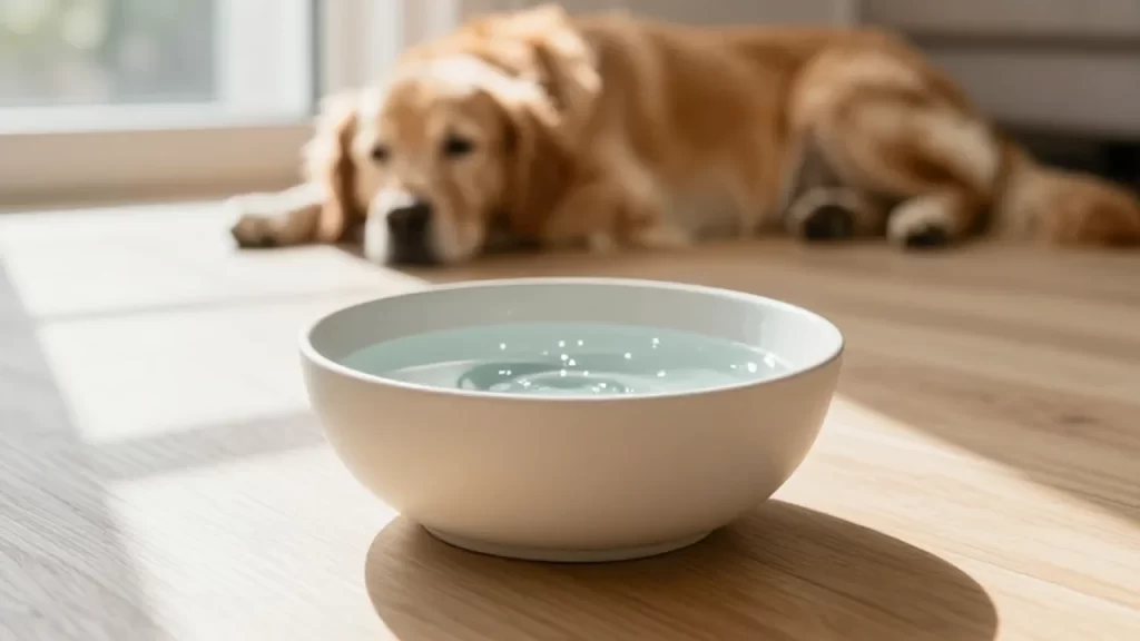 Cuenco de cerámica con agua limpia sobre un suelo de madera con un perro al fondo.