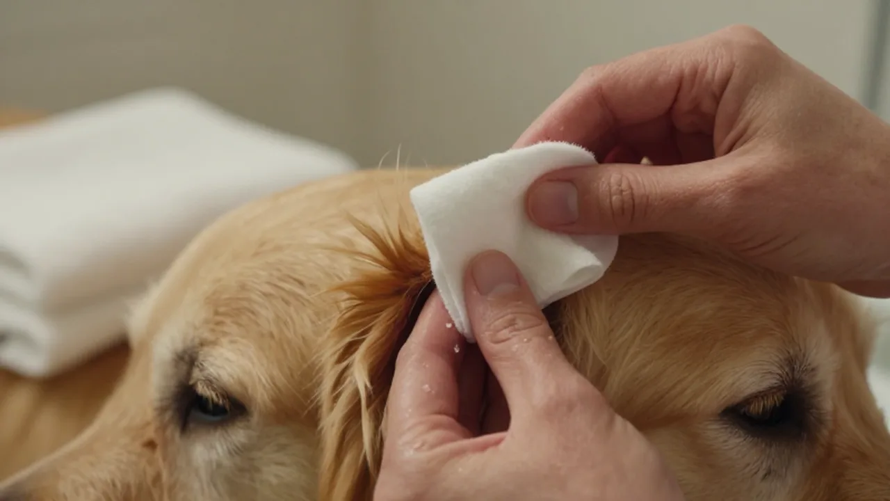 Manos limpiando con cuidado la oreja de un golden retriever con un algodón.