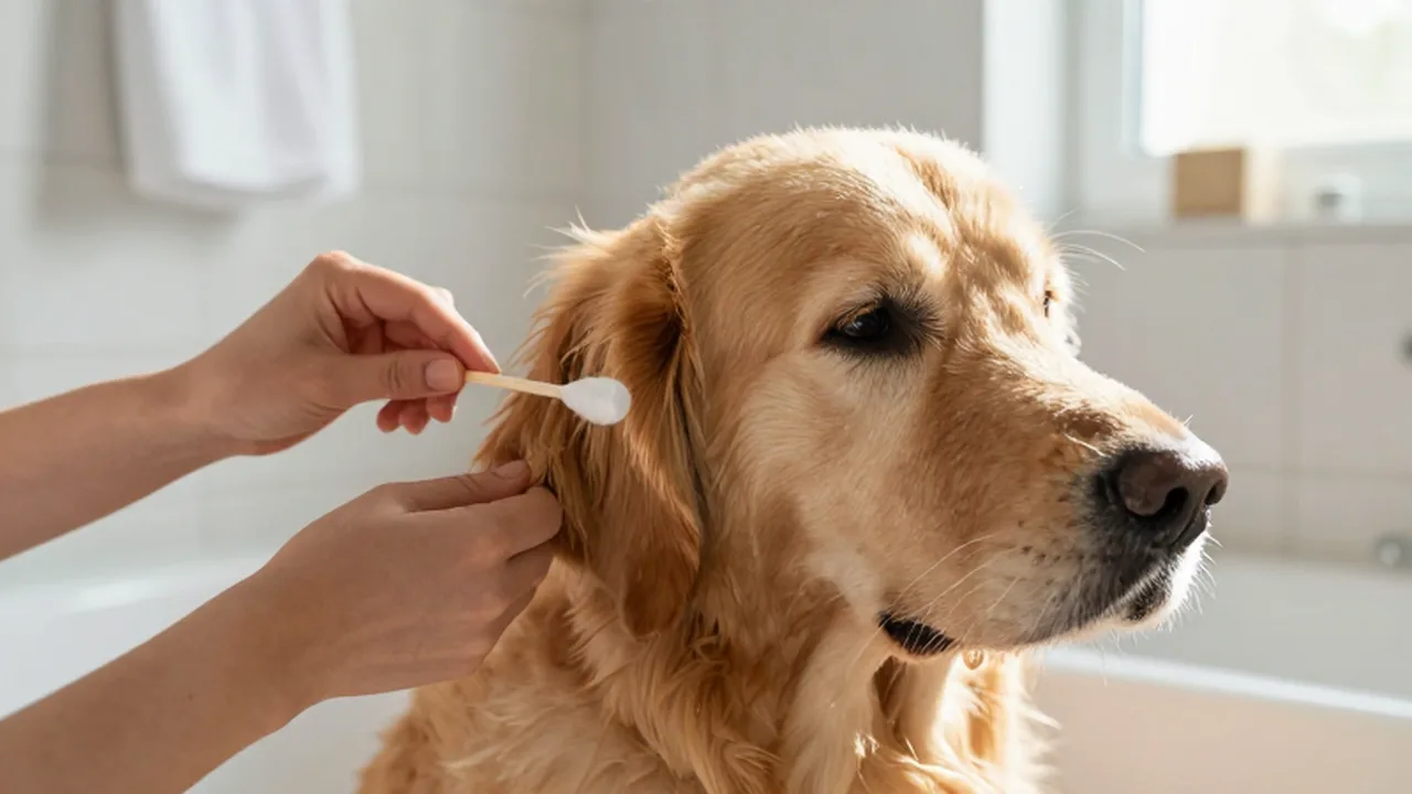 Manos limpiando suavemente el oído de un Golden Retriever en un baño luminoso.