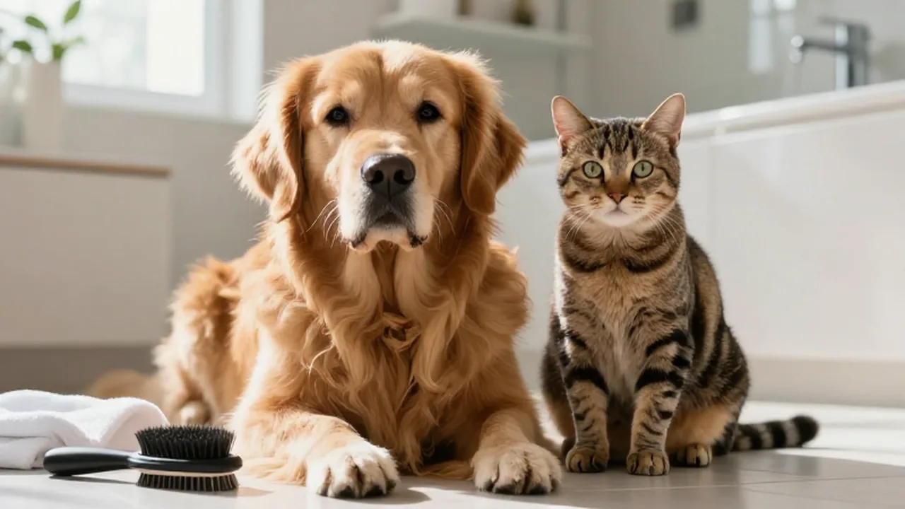 Un perro golden retriever y un gato tabby sentados juntos en un baño iluminado por el sol.