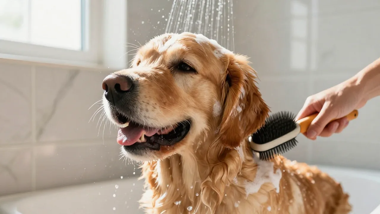 Golden retriever feliz siendo bañado con espuma y agua en un baño luminoso.
