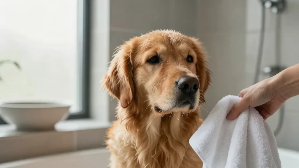 Golden retriever mojado y esponjoso en un baño minimalista junto a una mano con una toalla.