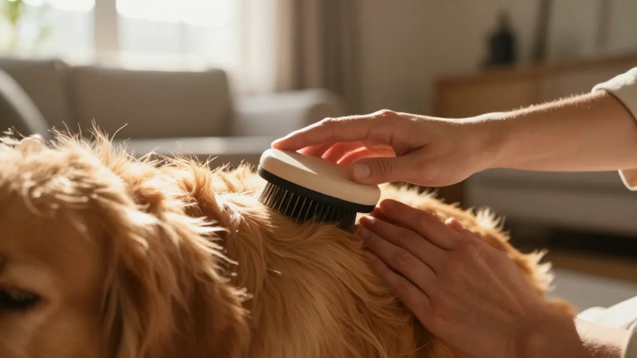 Manos cepillando suavemente el pelaje de un golden retriever bajo la luz del sol.